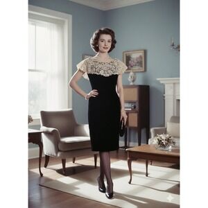 Suzy Perette 50's 60's black velvet cocktail dress ivory‎ crochet lace bib XS